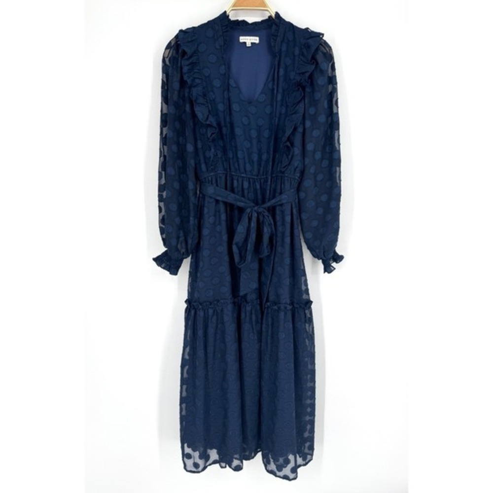Moon River Navy Polka Dot Midi Dress Small Sheer Long Sleeve Ruffle Tie Belt - Picture 3 of 11